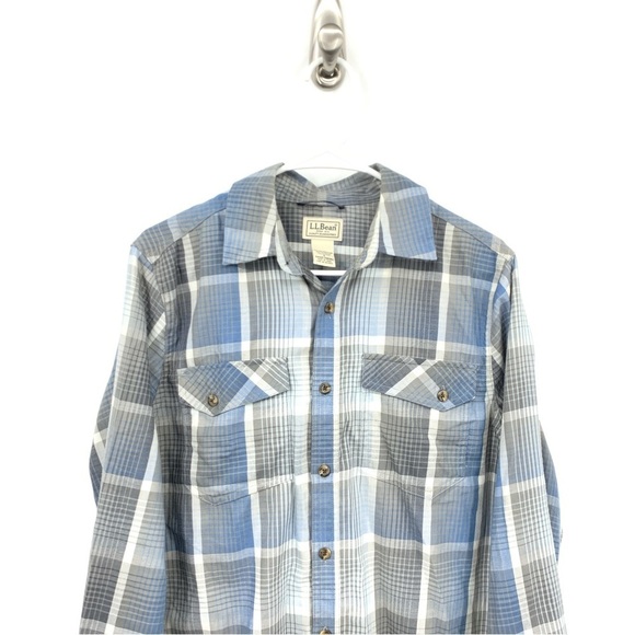 LL Bean Men Size Small Shirt Button Down Top Blue Gray Checkered Plaid Flannel - Picture 2 of 7